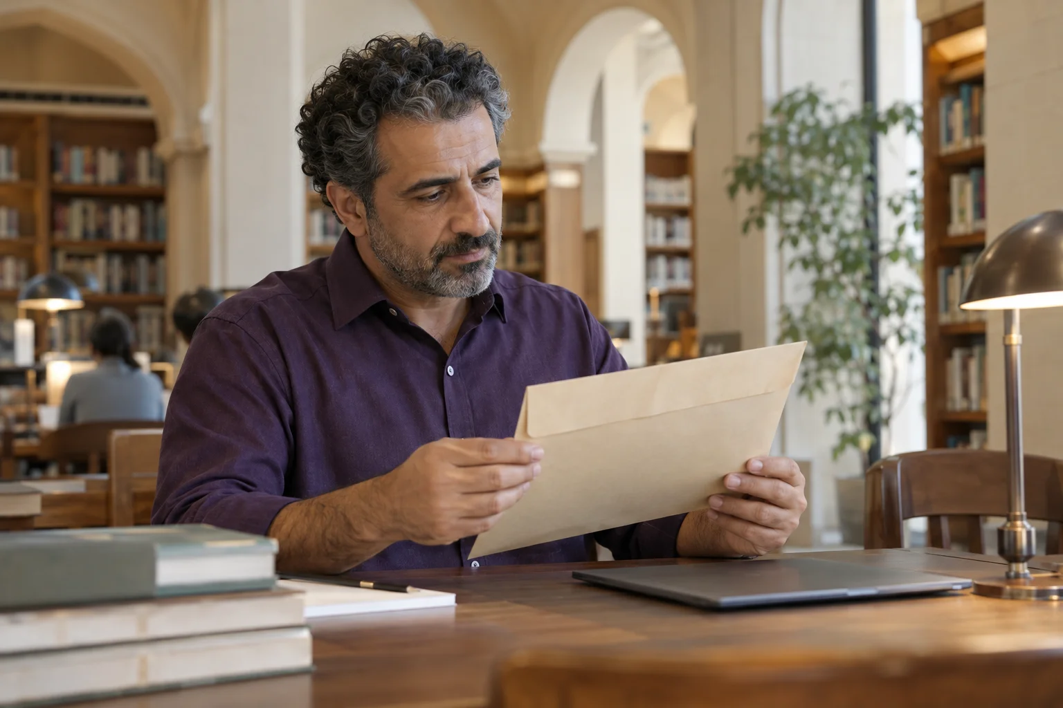 A man reviewing paperwork in a modern arched library