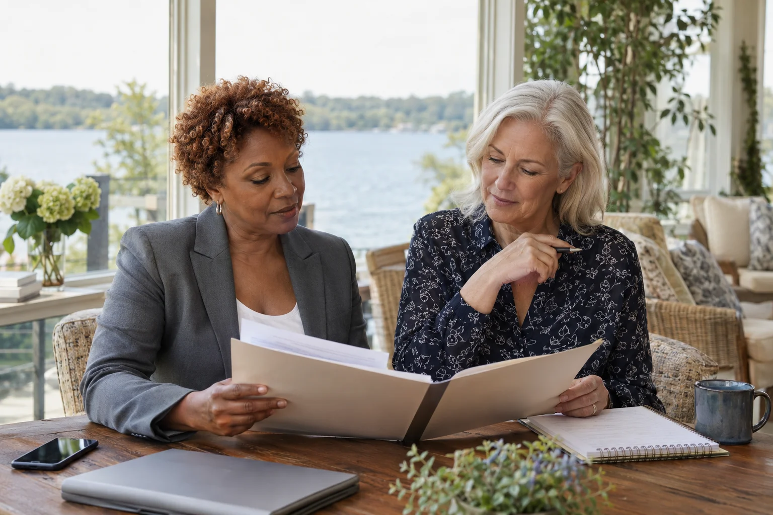 Two women reviewing a document folder in a lakeside conservatory