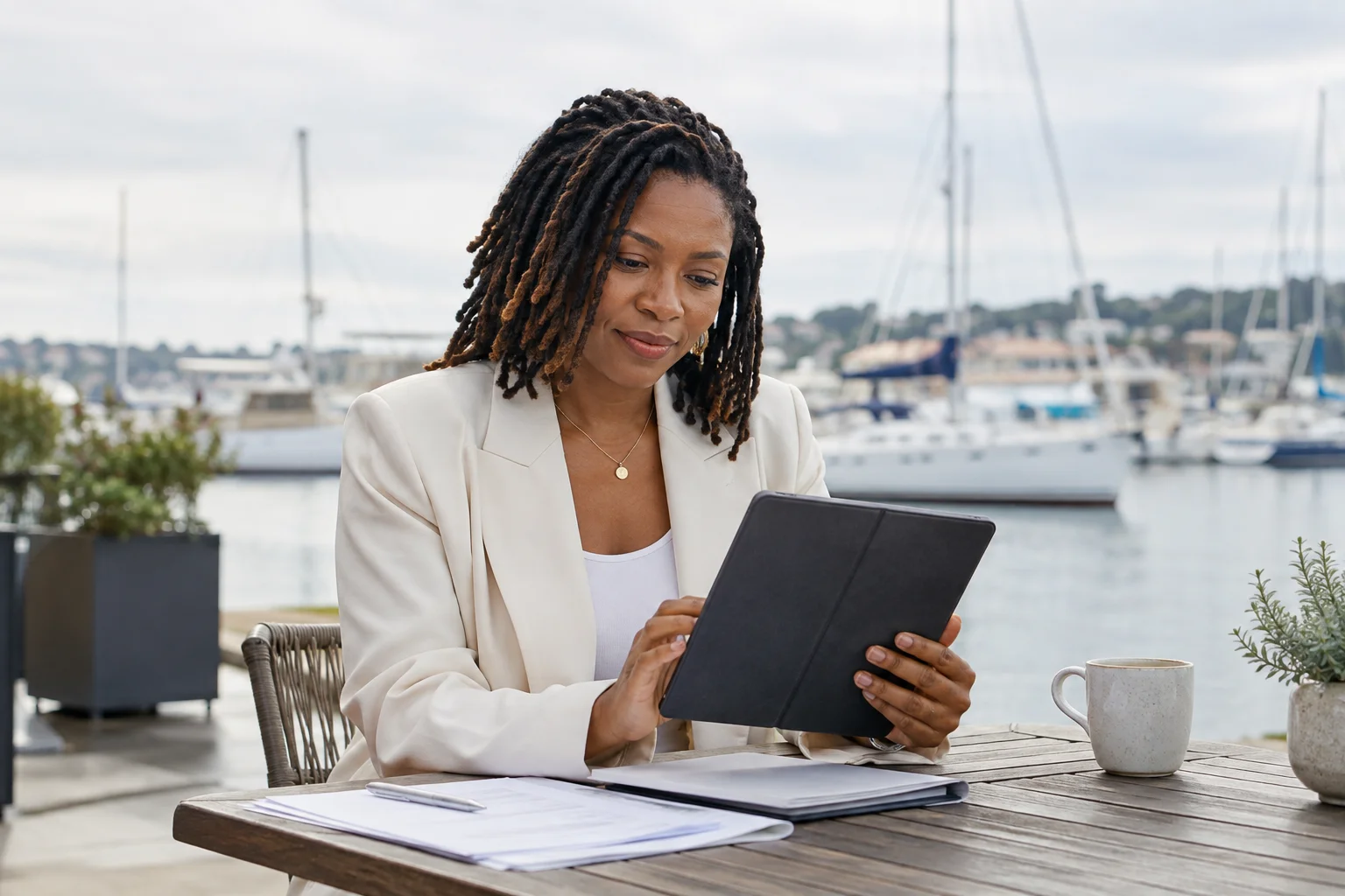 A woman reviewing records on a tablet beside a marina