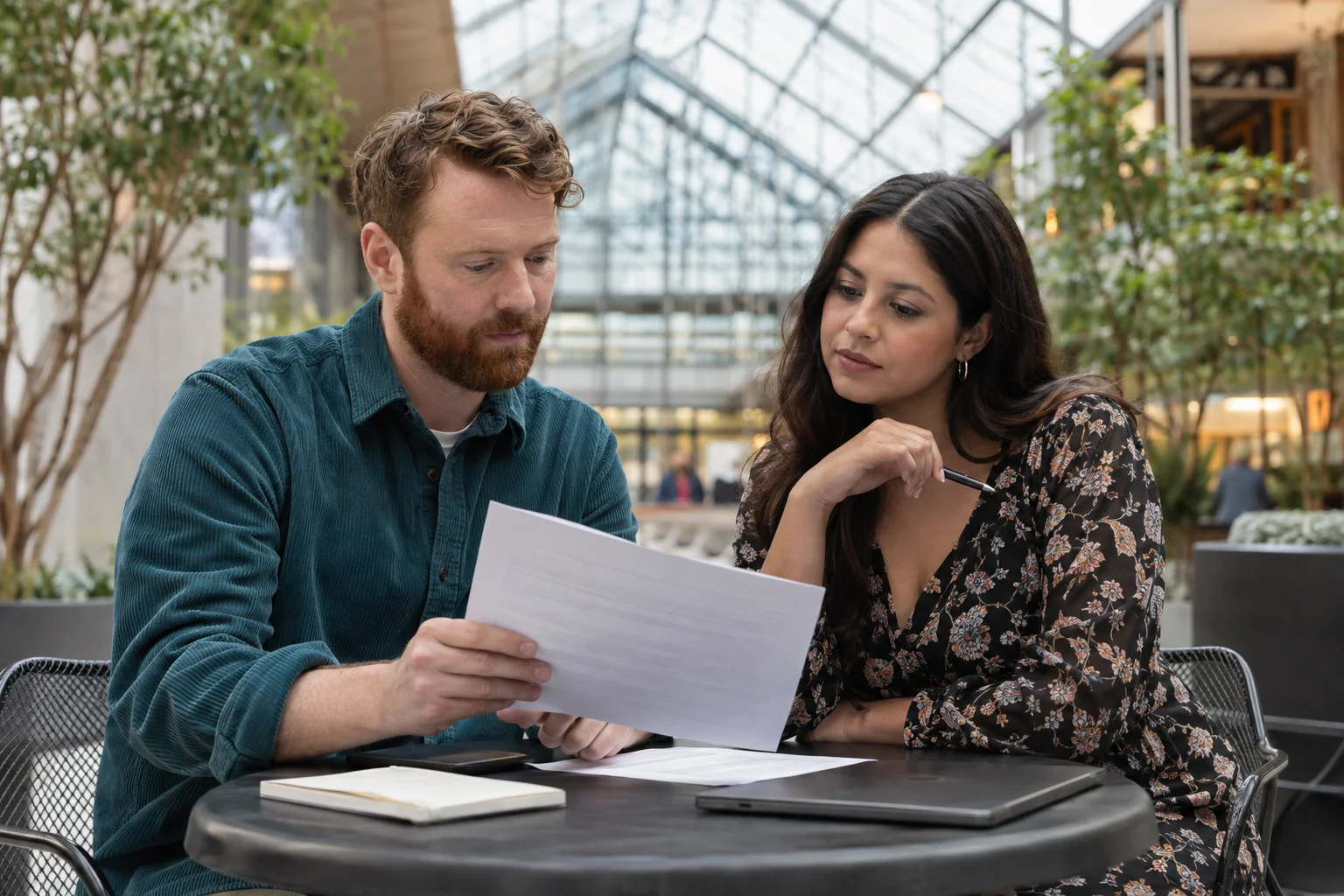 Two people discussing a paper agreement in a public atrium