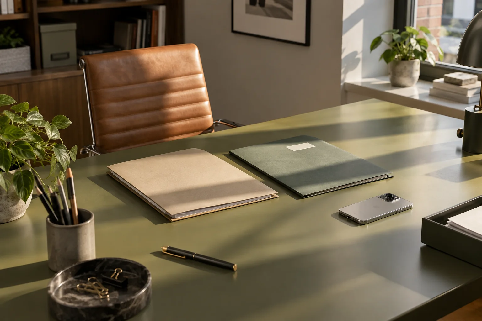 Closed paper folders arranged on an olive-green desk