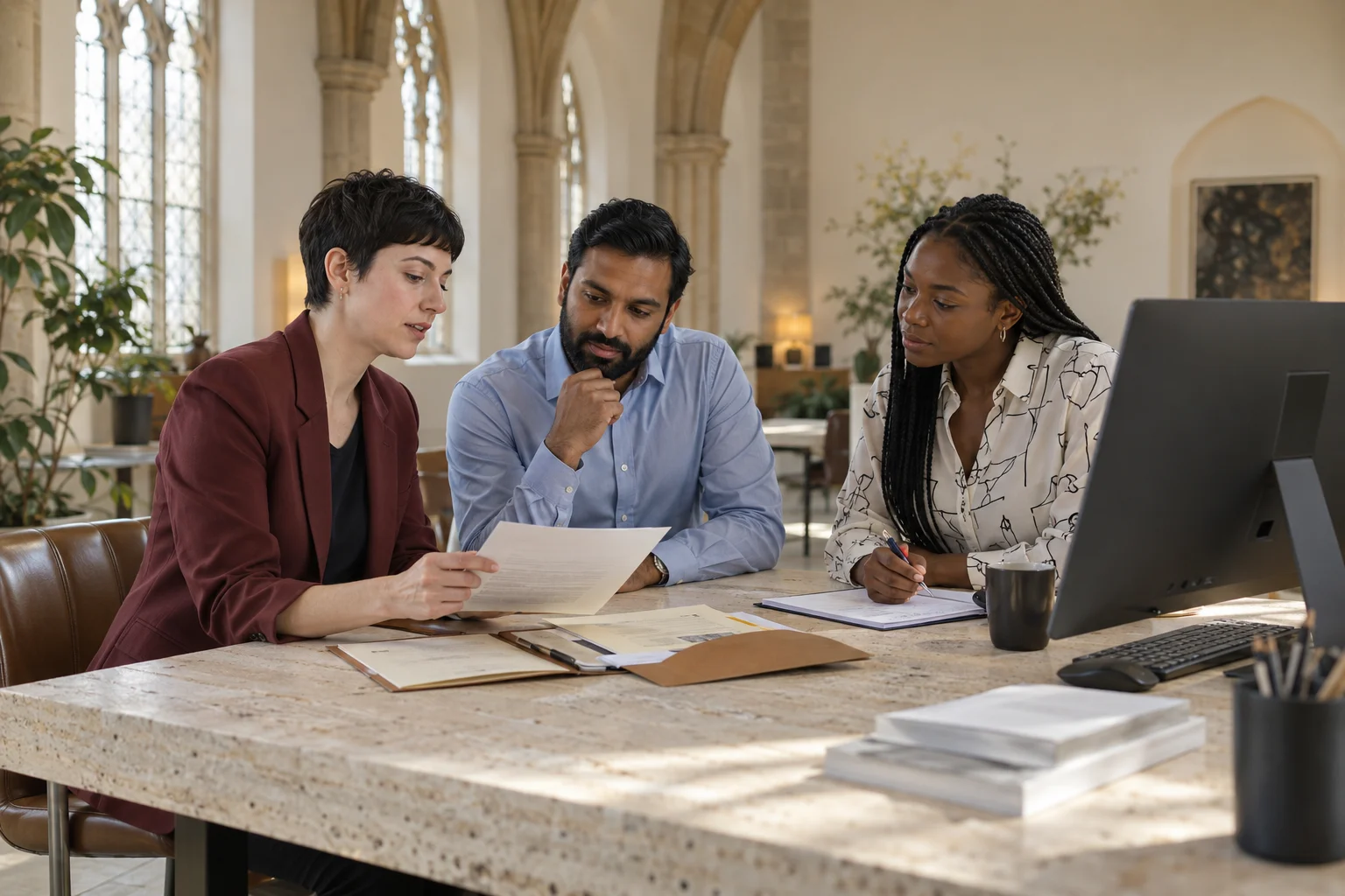 Three colleagues reviewing document work around a shared table