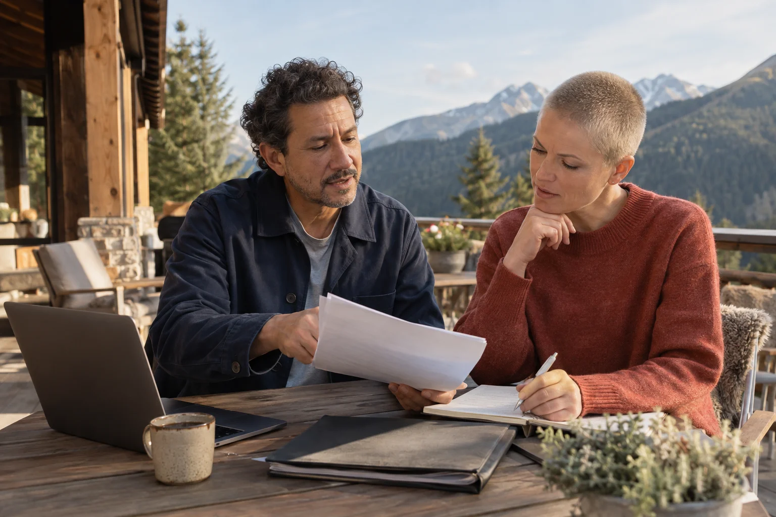 Two colleagues discussing a paper file on a mountain lodge terrace