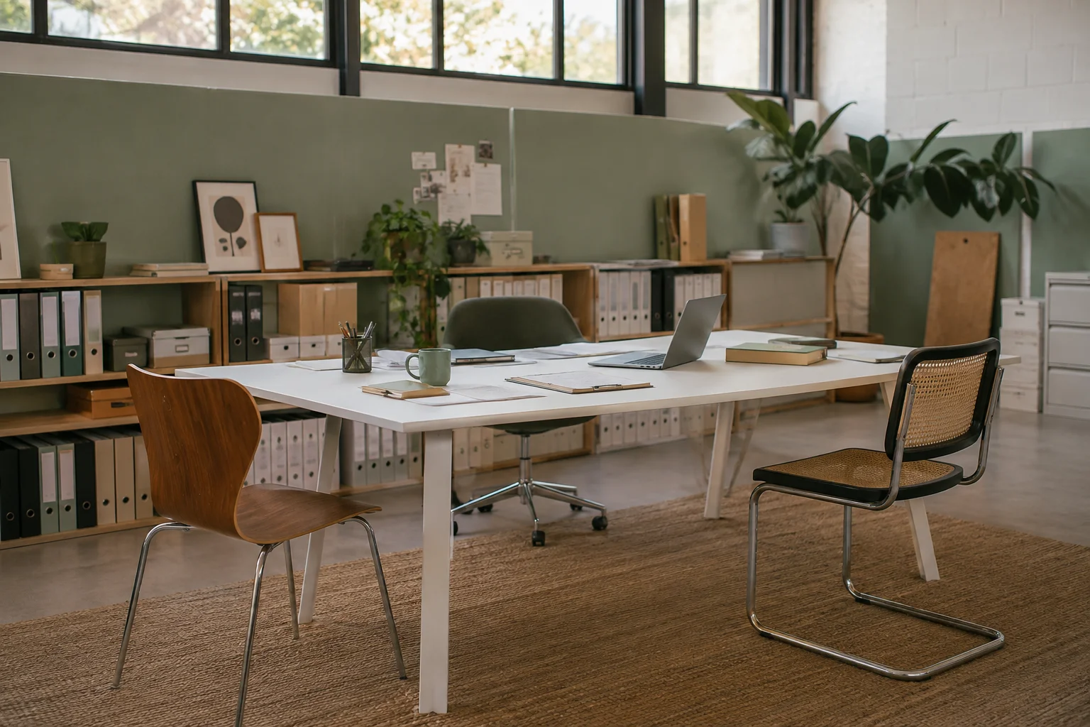 A shared workspace with three chairs and organised paper folders