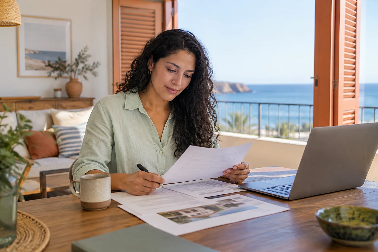 A woman organising property paperwork at a coastal apartment desk