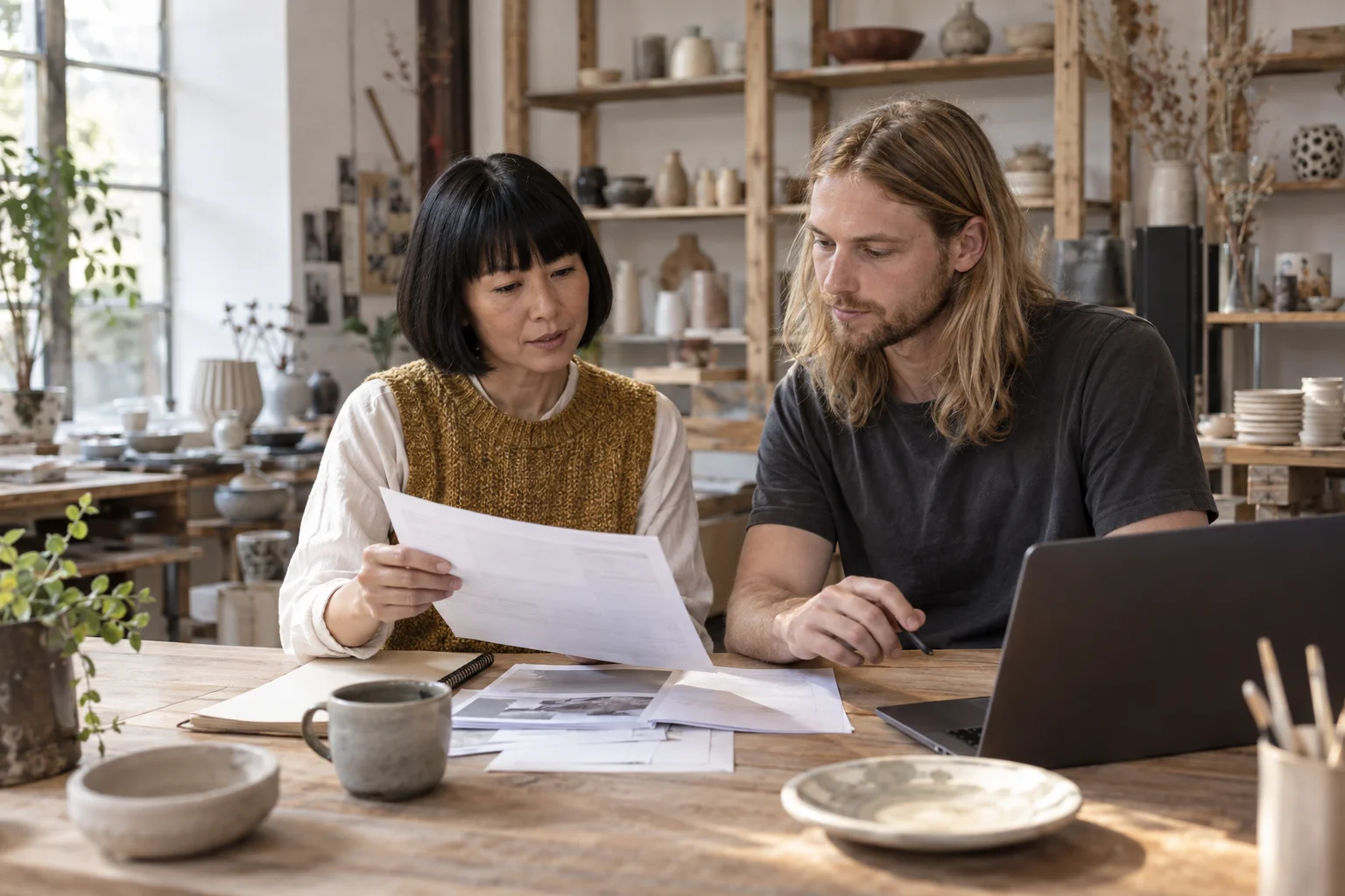 Two people reviewing records together in a pottery workshop