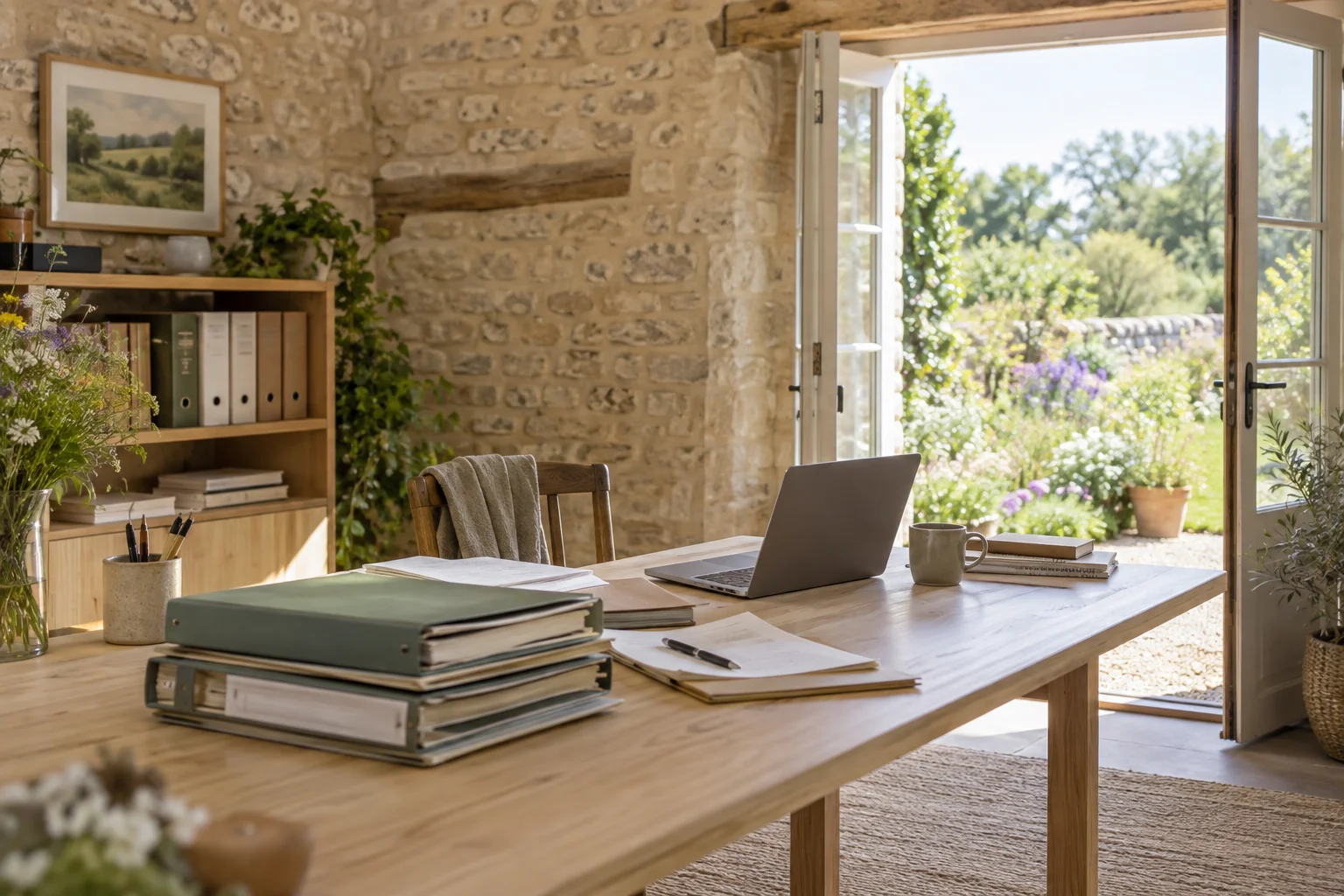 An airy professional workspace overlooking a farmhouse garden