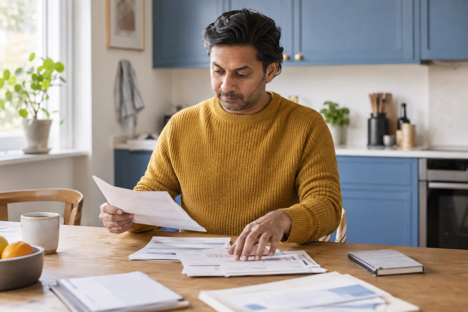 A man sorting household papers at a kitchen table