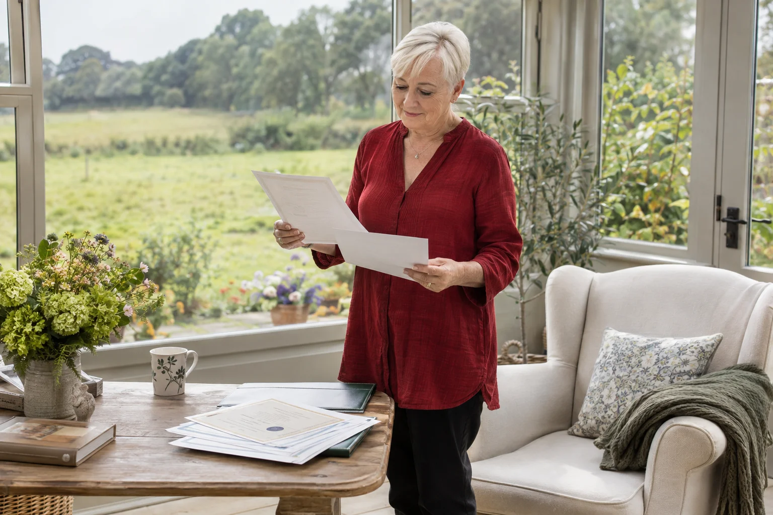 A woman reviewing certificates in a conservatory overlooking a meadow