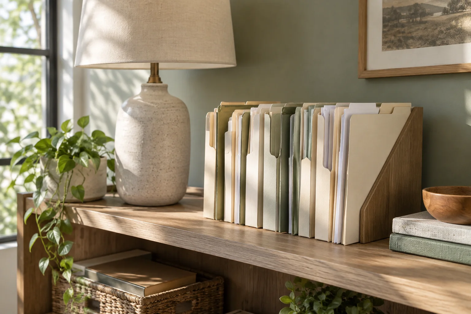Label-free document folders arranged on a sunlit ashwood shelf