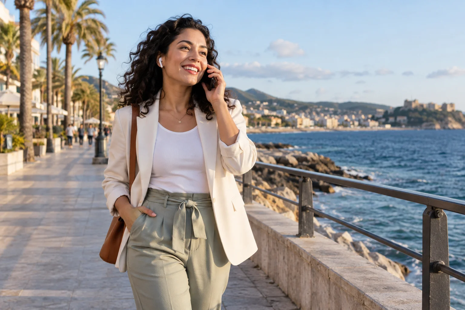 A woman in a cream blazer speaking on her phone beside the sea