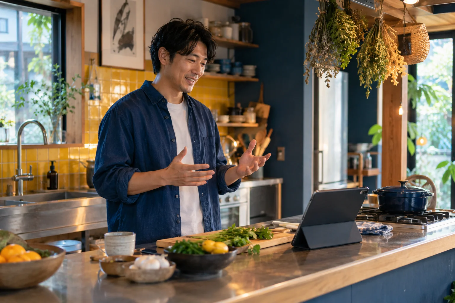 A man in an indigo shirt using a tablet and gesturing during a call in a yellow-tiled kitchen