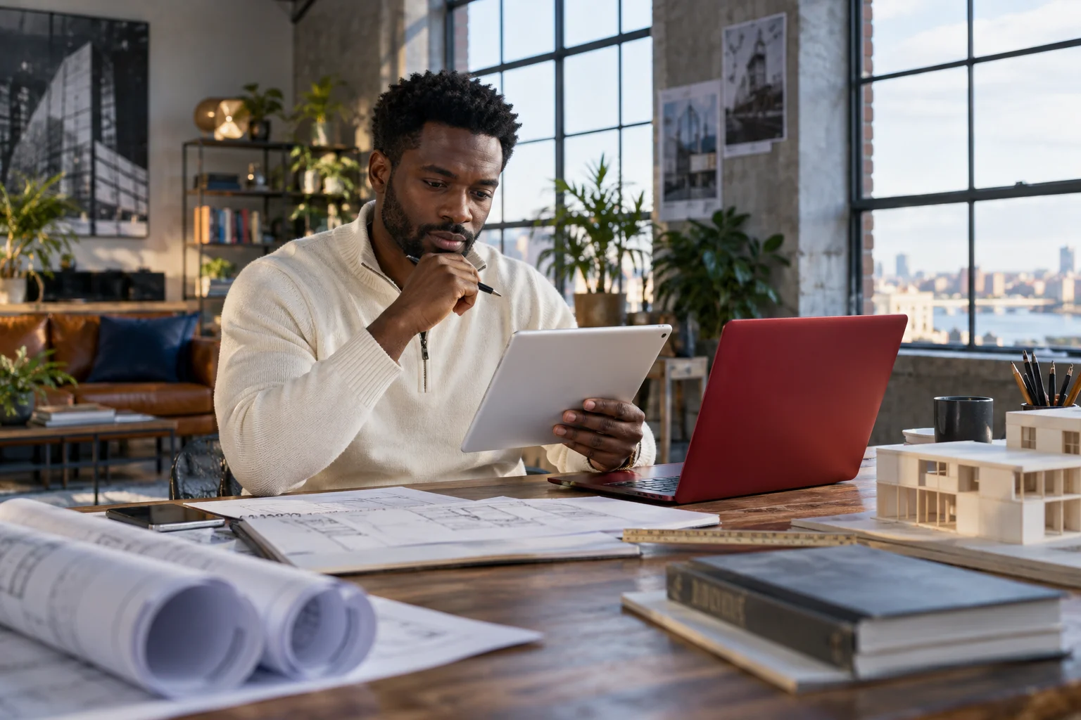 An architect reviewing a tablet beside a red laptop in a bright loft