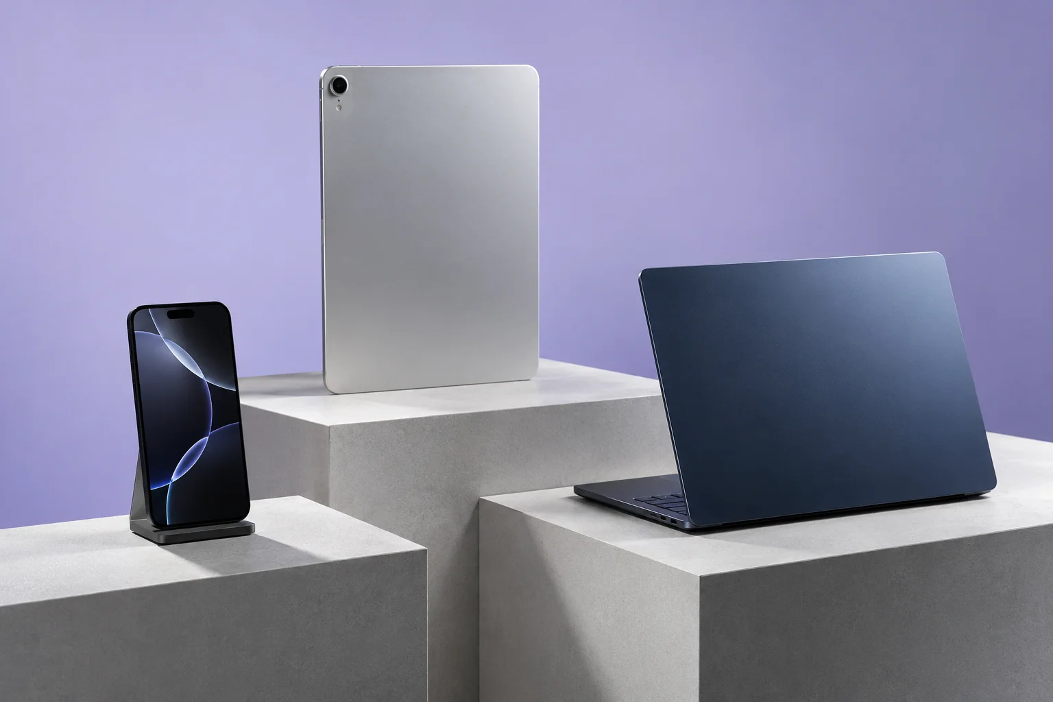 A phone, tablet and laptop arranged on pale plinths against a lavender studio backdrop