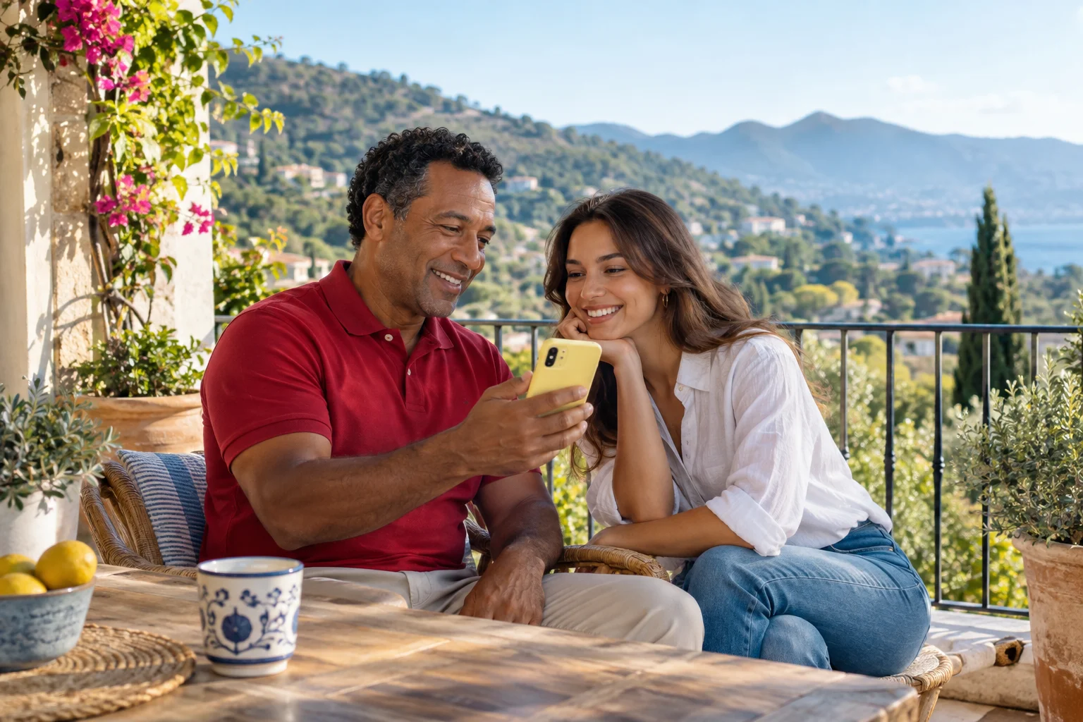 A father and adult daughter looking at a yellow smartphone on a balcony