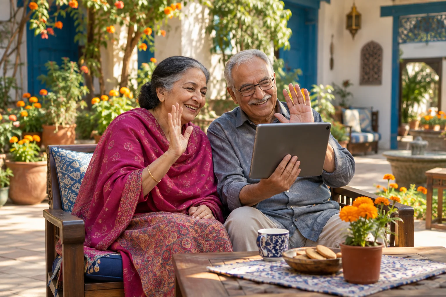 An older couple waving to a tablet in a colorful courtyard