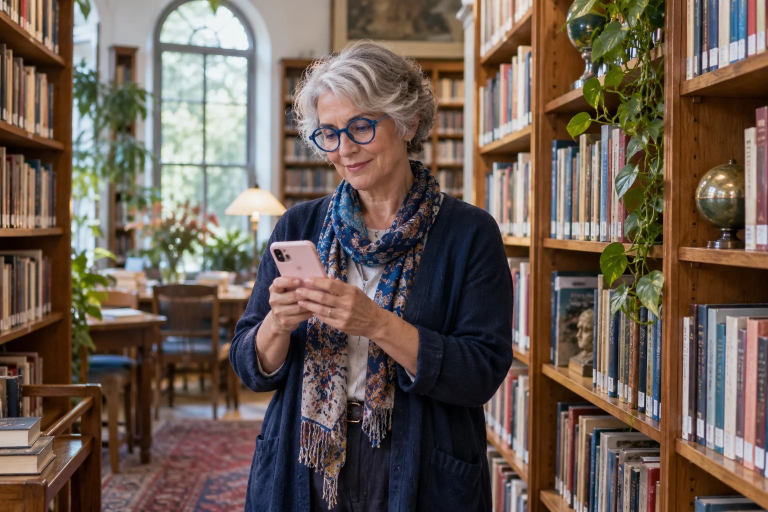 A librarian with blue glasses reading a phone between wooden bookshelves