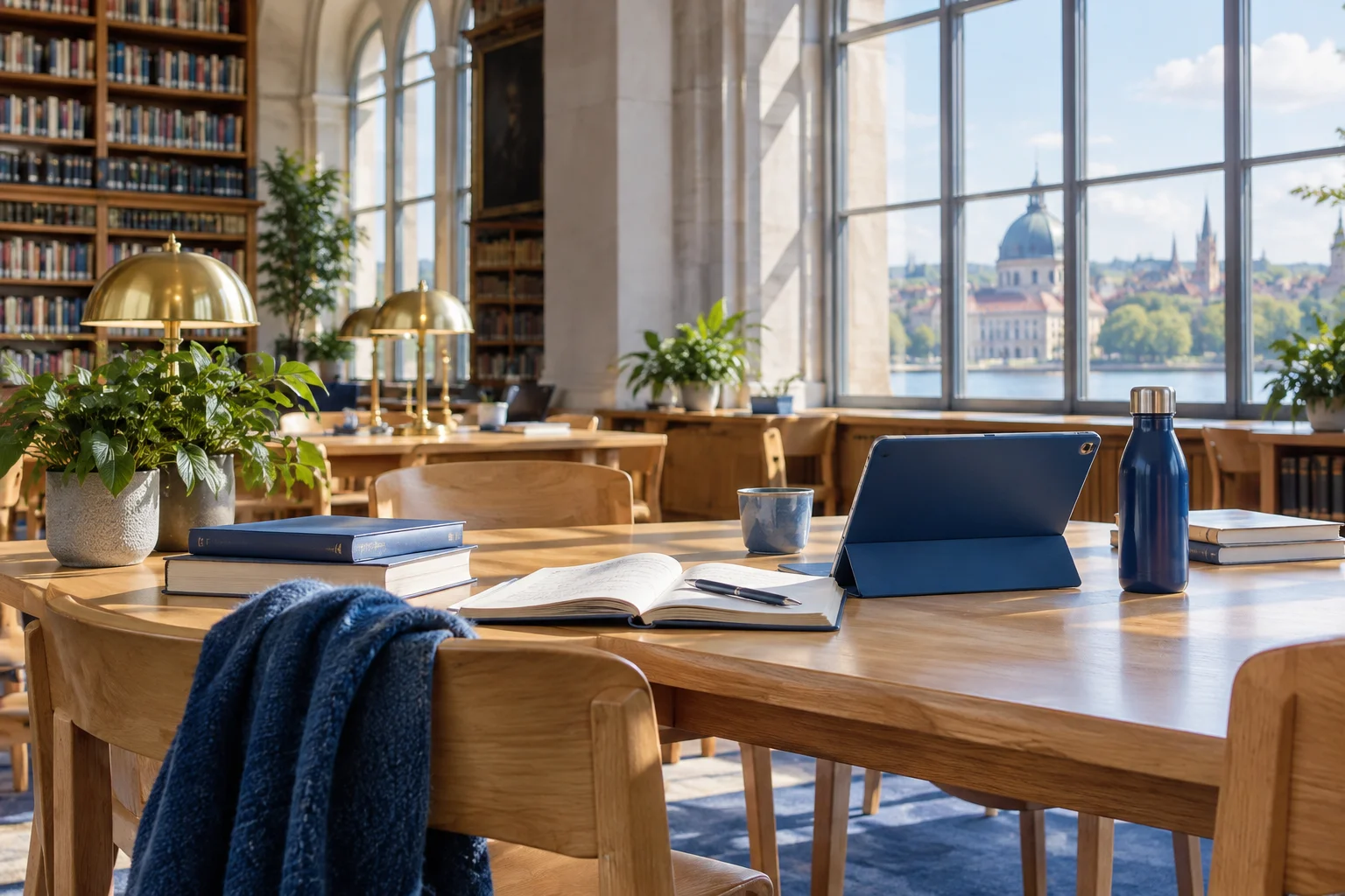 A blue tablet and books on a table in a sunlit reading room