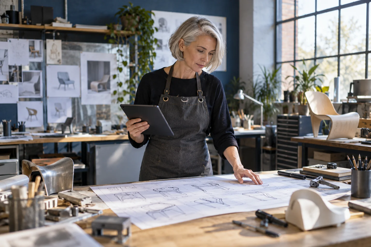 A designer in a charcoal apron reviewing a tablet and paper drawings in a studio
