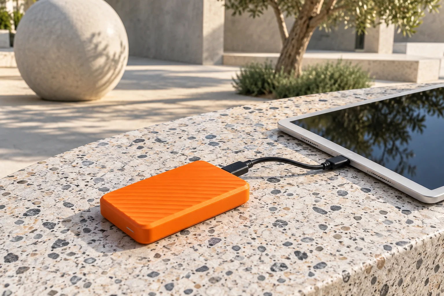 An orange portable drive beside a white tablet on a terrazzo courtyard bench