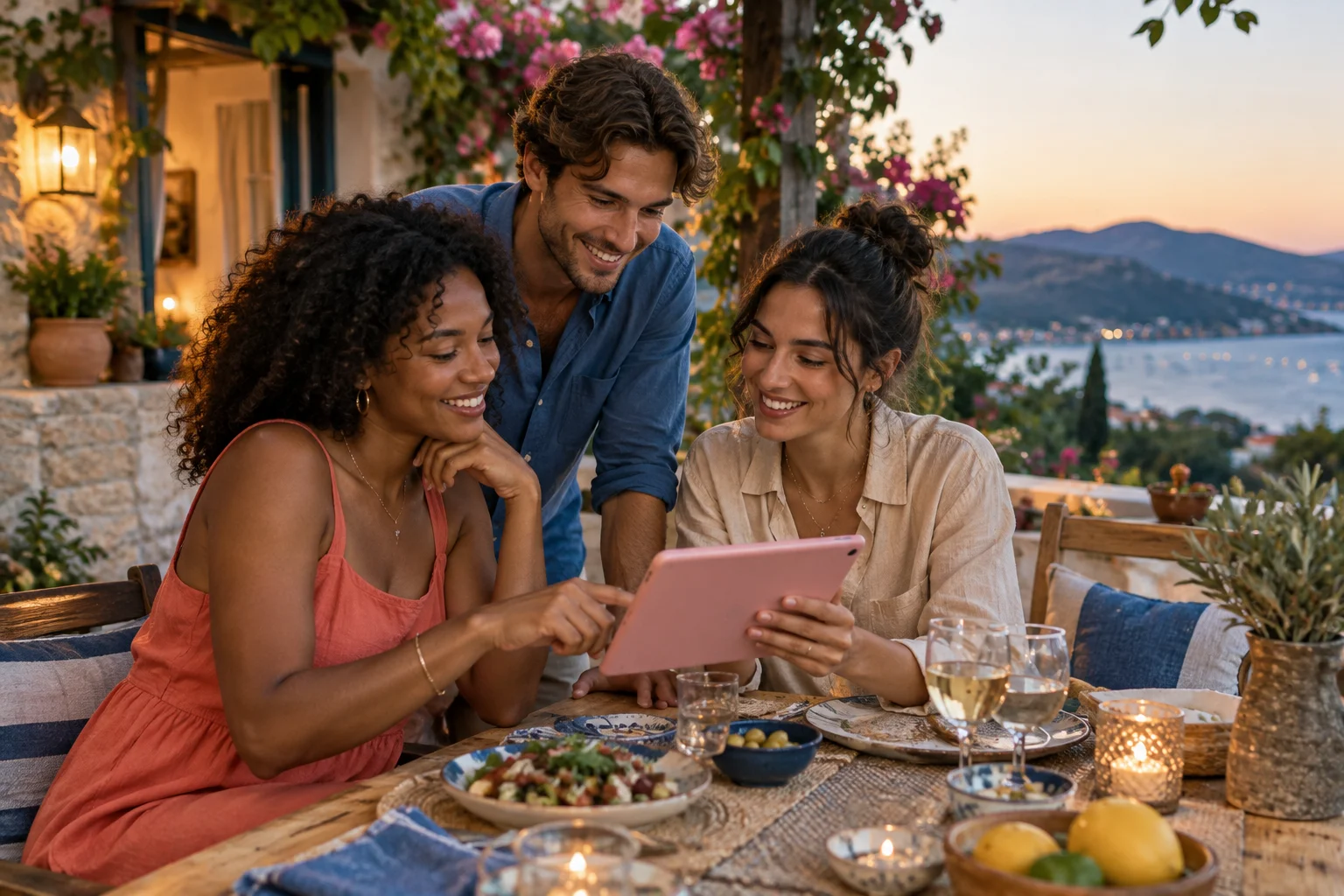 Three friends looking at a pink tablet over dinner on a garden terrace