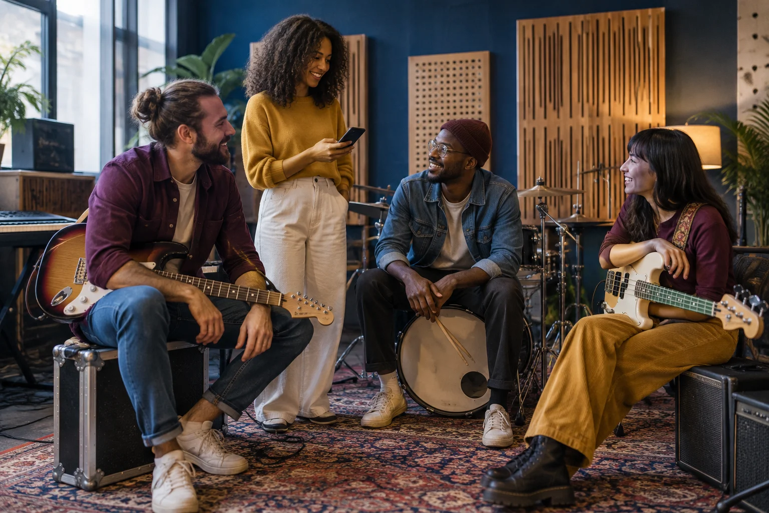 Musicians reviewing a phone together in a rehearsal studio