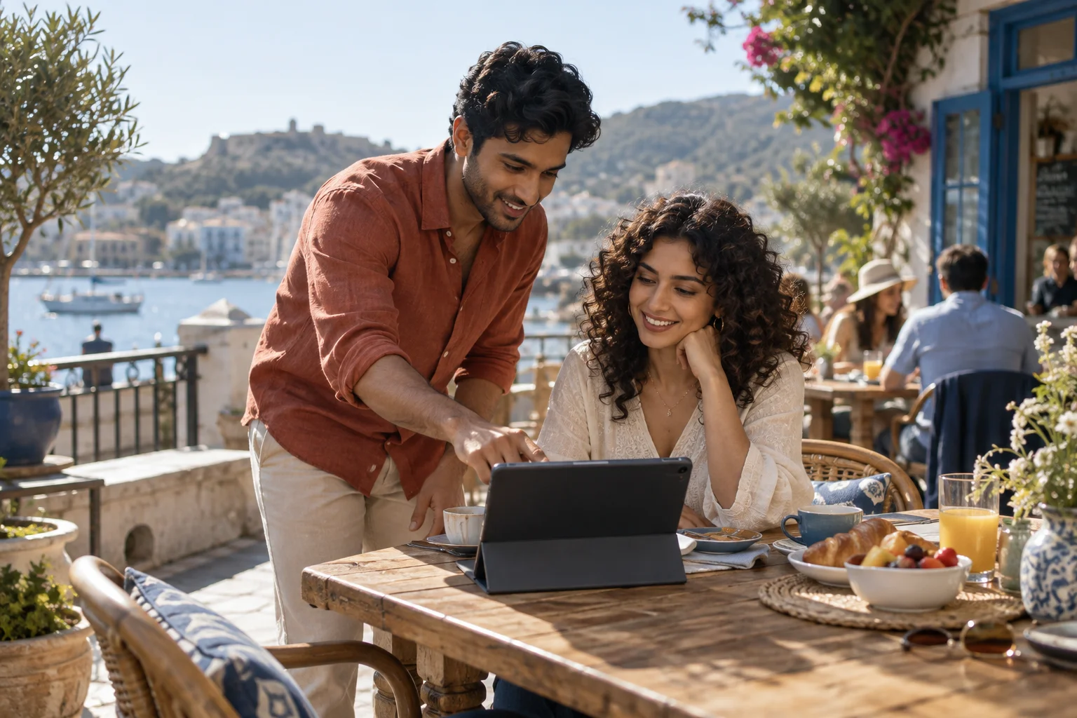 Two friends reviewing a tablet on a terrace overlooking a harbor