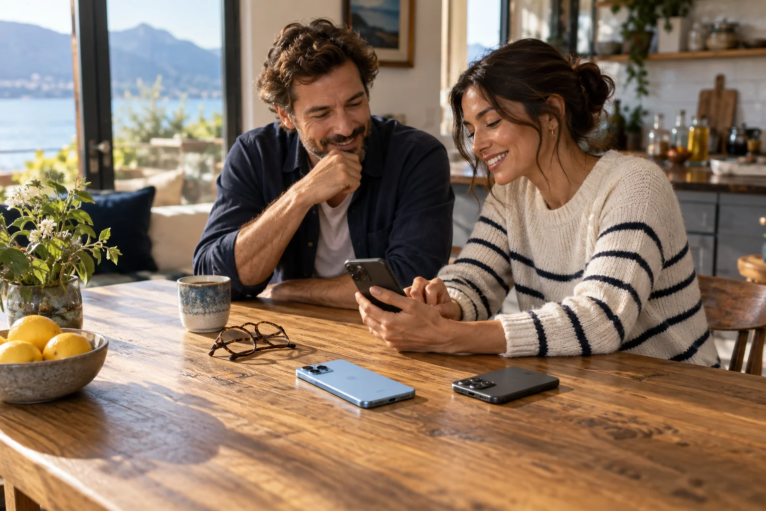 Two people discussing a smartphone together at a wooden kitchen table