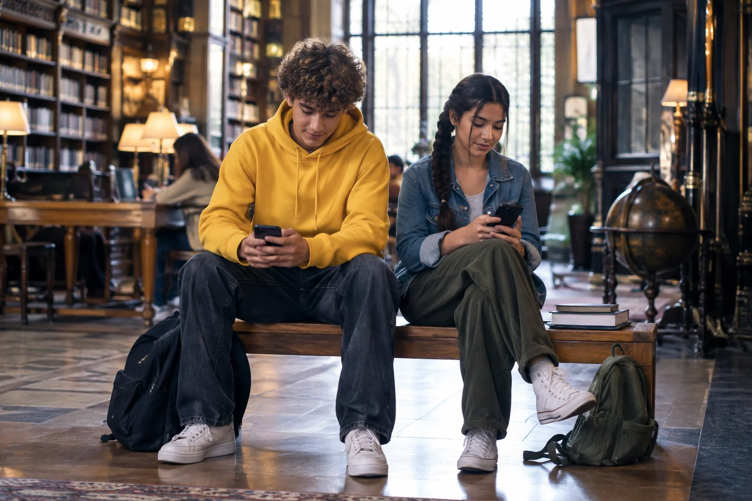 Two teenagers checking their separate phones on a library bench