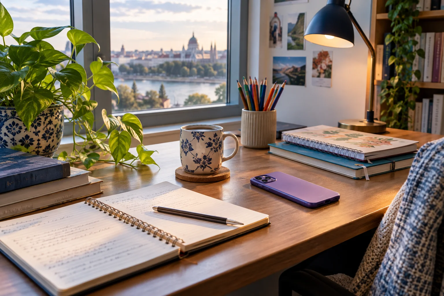 A purple smartphone, notebooks and pencils on a sunlit study desk
