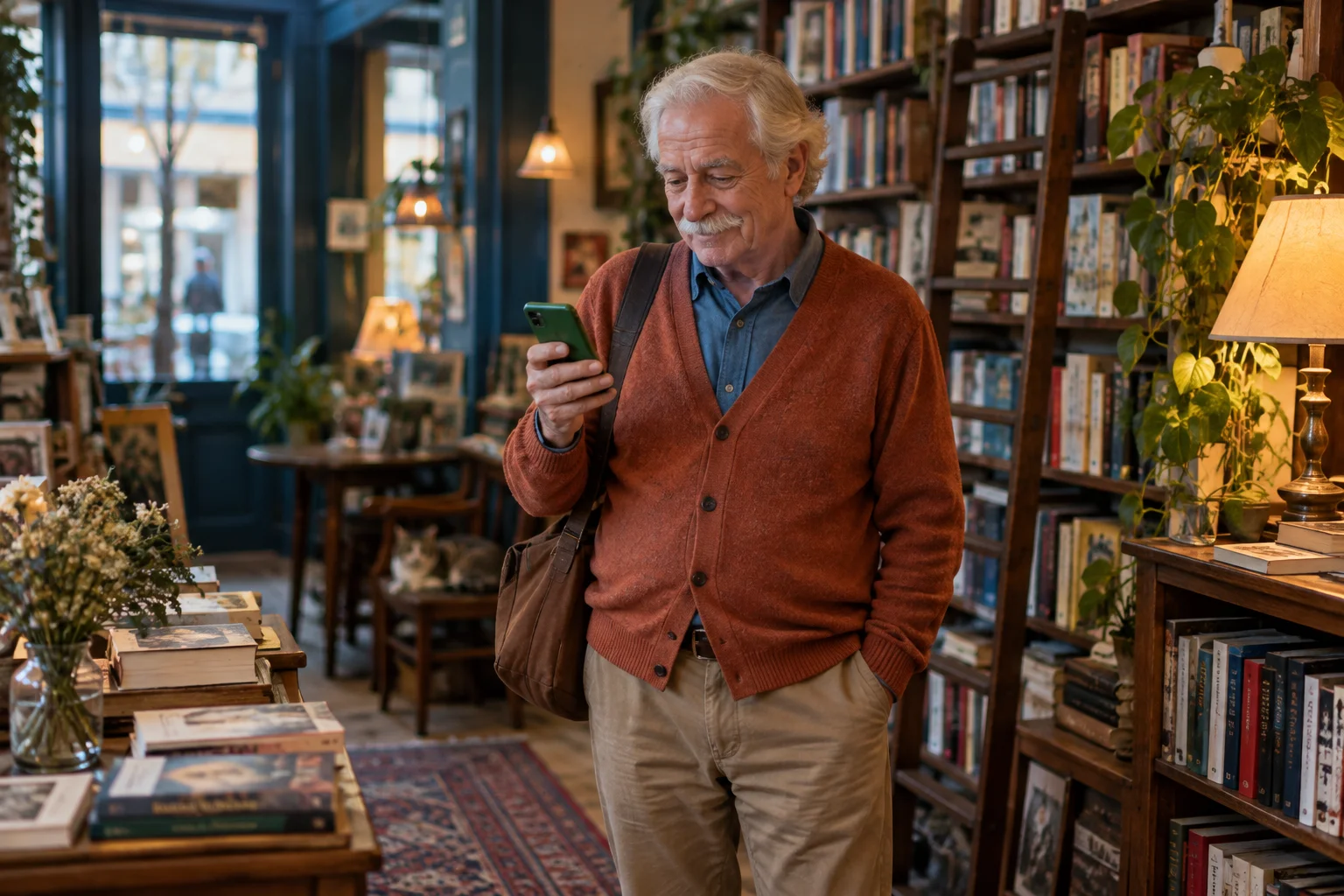 An older man in a terracotta cardigan reading his phone in a bookshop