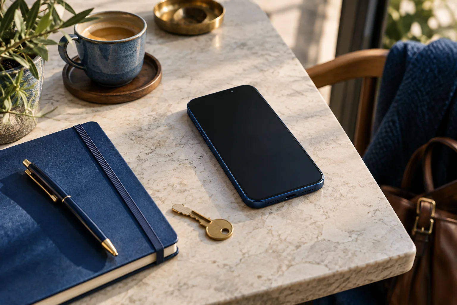 A dark smartphone beside a brass key and blue notebook on a pale stone desk