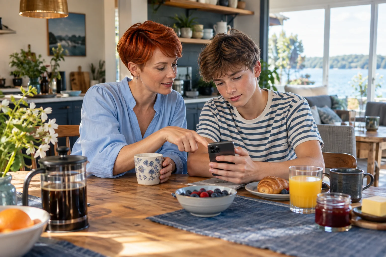 A mother and teenage son discussing a smartphone at a breakfast table