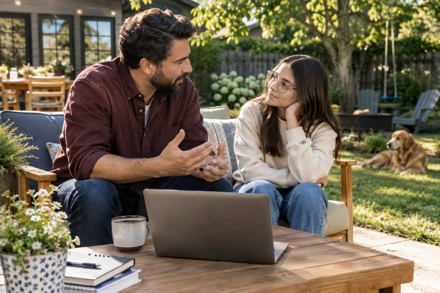 A father and daughter discussing a tablet together in a sunny backyard
