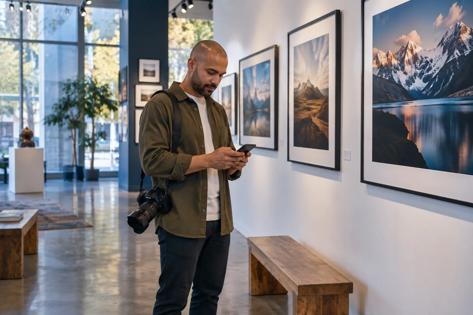 A photographer checking his phone in a gallery of framed photographs