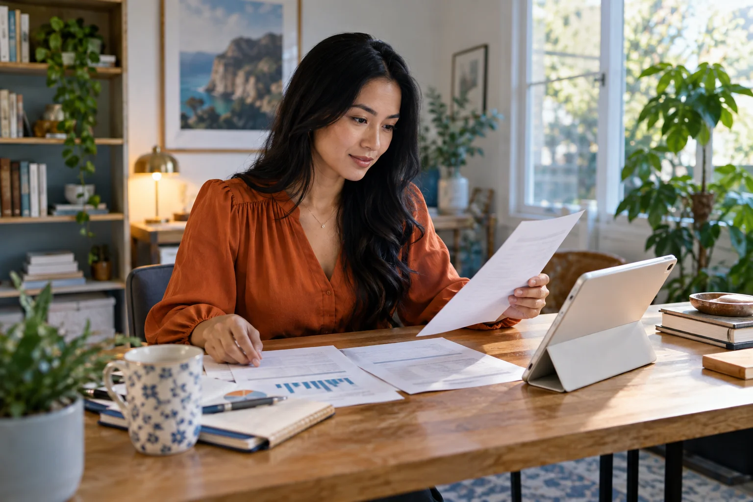 A woman comparing paper budgets beside a white tablet in a home office