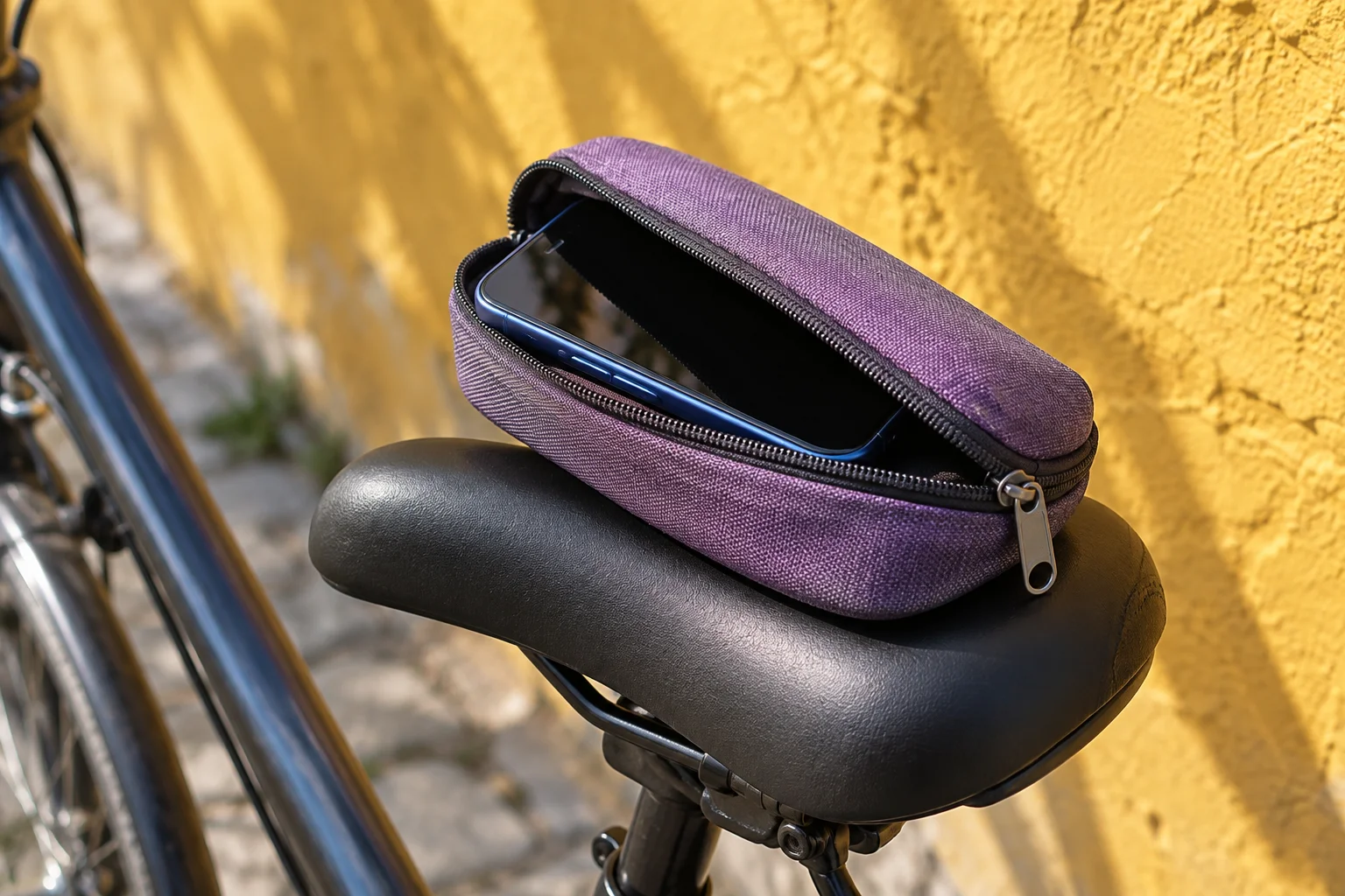 Uno smartphone blu in un sacchetto viola su un sedile della bicicletta accanto a un muro giallo della città
