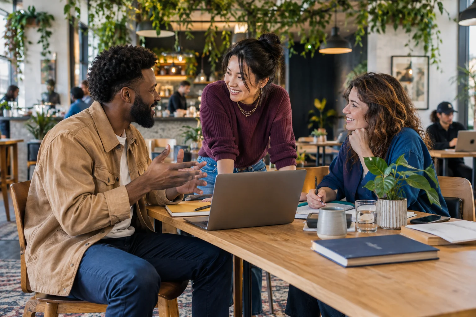 Three coworkers discussing a laptop in a plant-filled cafe