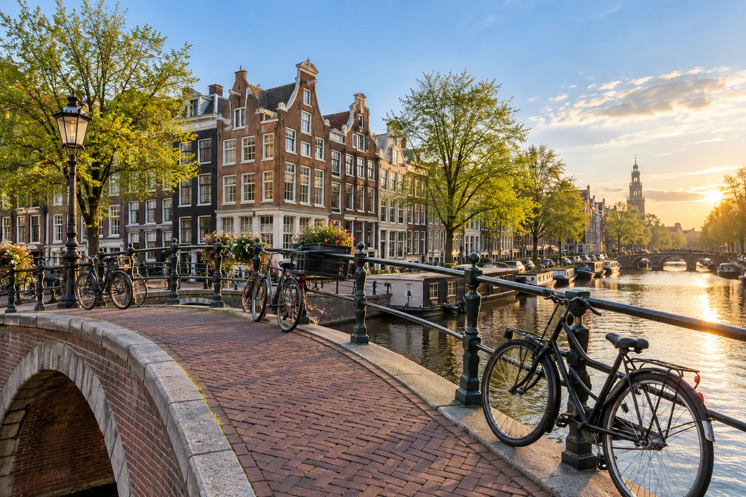A pedestrian bridge over a canal beside redbrick buildings and bicycles
