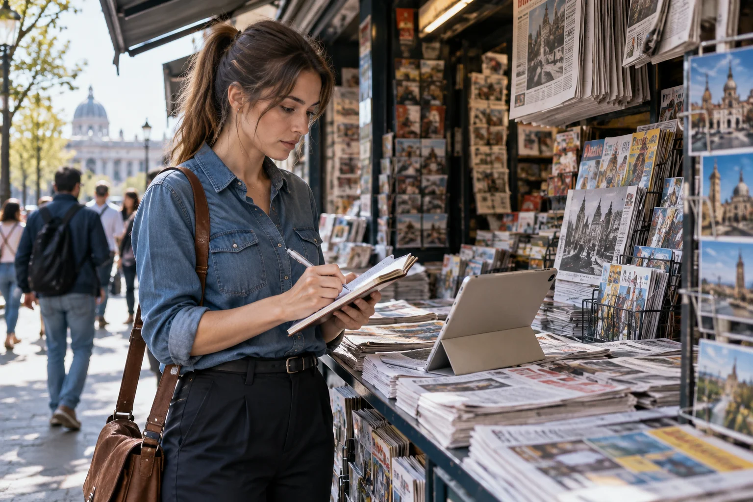 A journalist taking notes beside a tablet at an outdoor newspaper kiosk