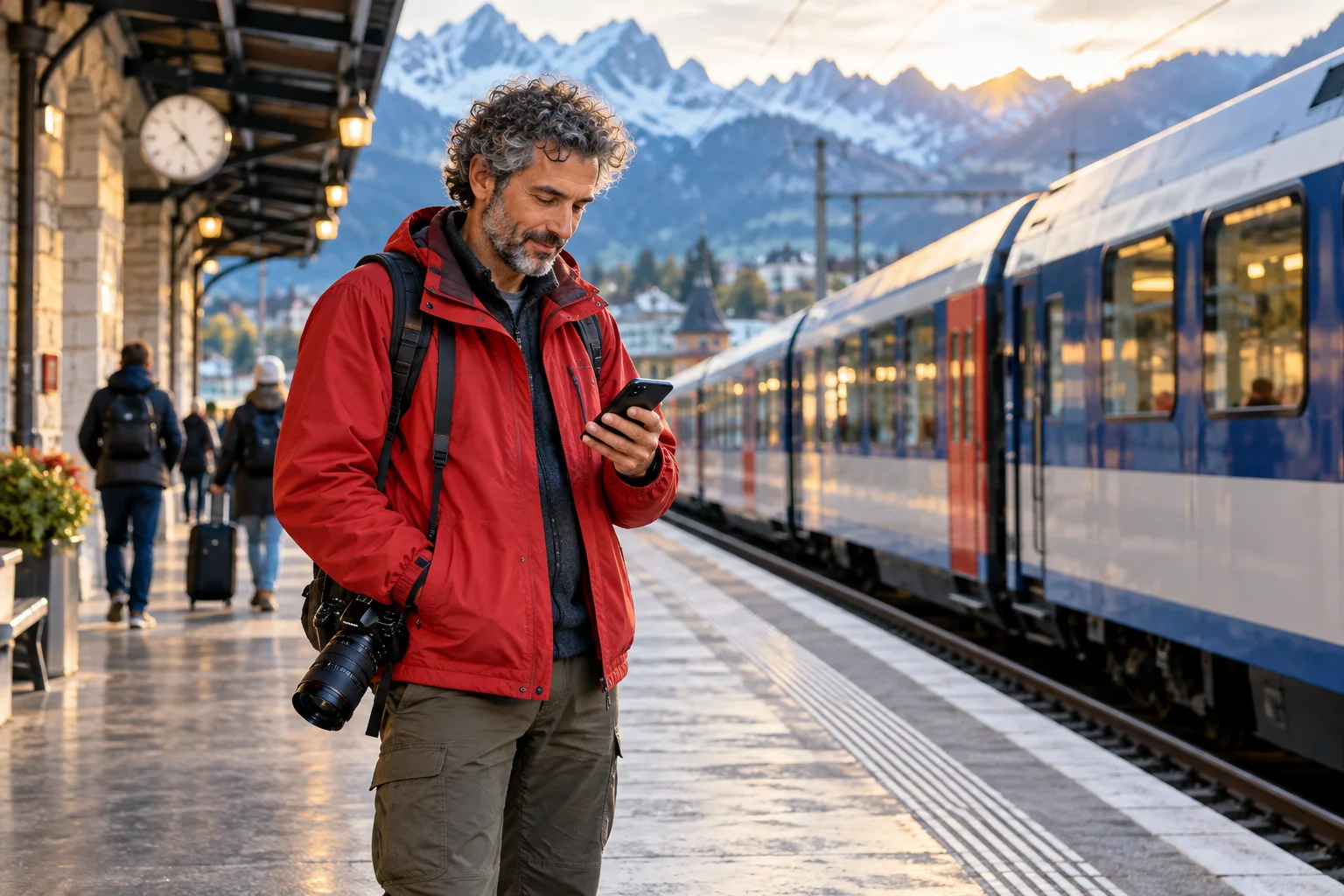 A photojournalist in a red jacket checking his phone beside a train