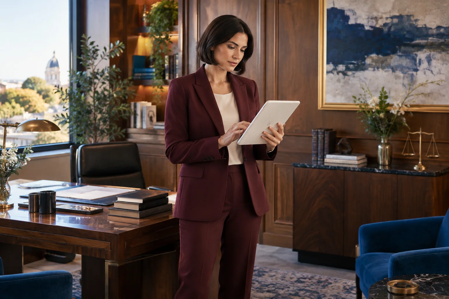 A lawyer in a burgundy suit reviewing documents on a white tablet