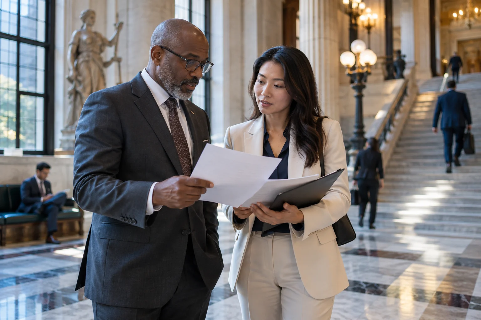 Two legal colleagues comparing paper documents in a courthouse lobby