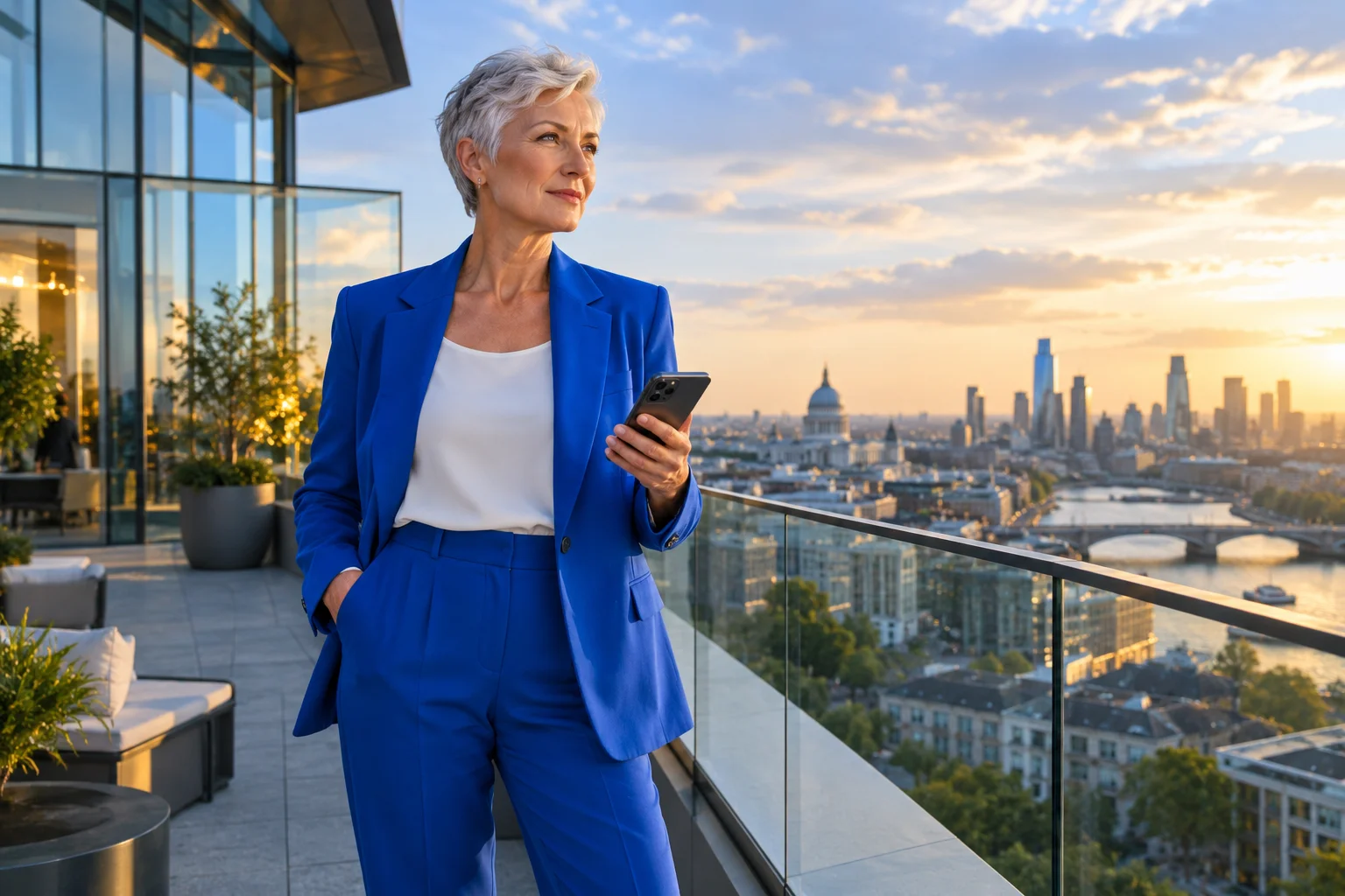 An executive in an electric-blue suit holding a smartphone on a city terrace