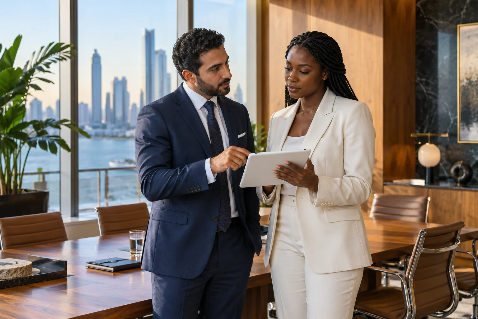 Two executives reviewing a white tablet in a boardroom