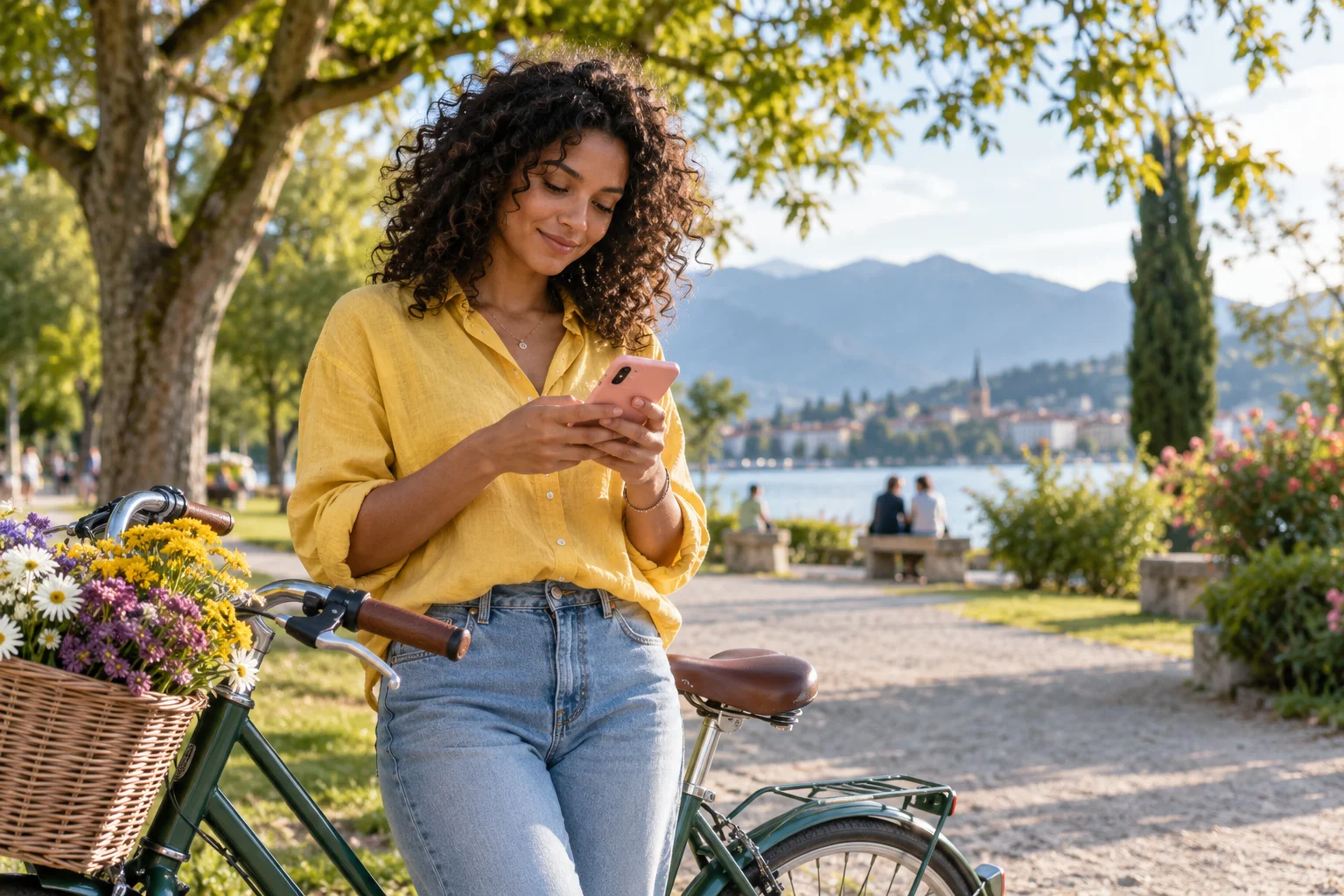 A woman in a yellow shirt reading her phone beside a bicycle in a park