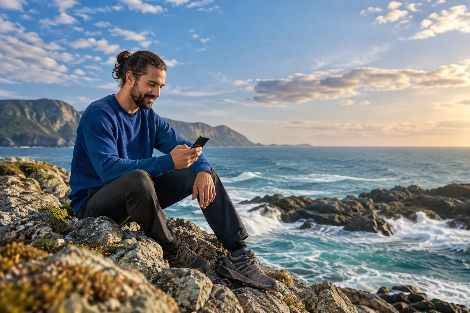 A man in a blue sweatshirt reading his phone on a rocky coast