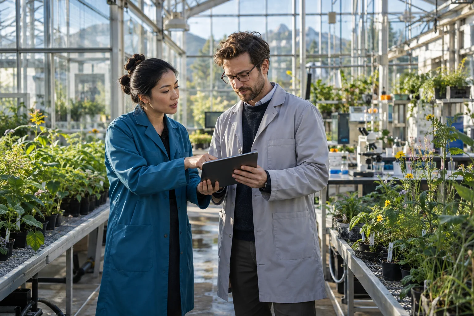 Two scientists checking a tablet in a greenhouse research facility