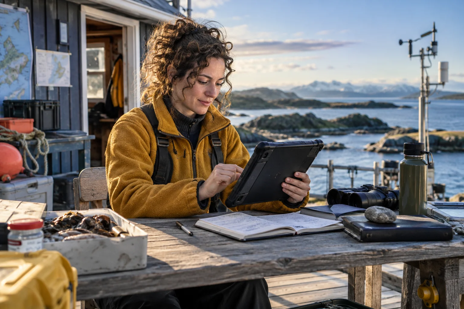 A researcher taking notes beside a rugged tablet at a coastal field station