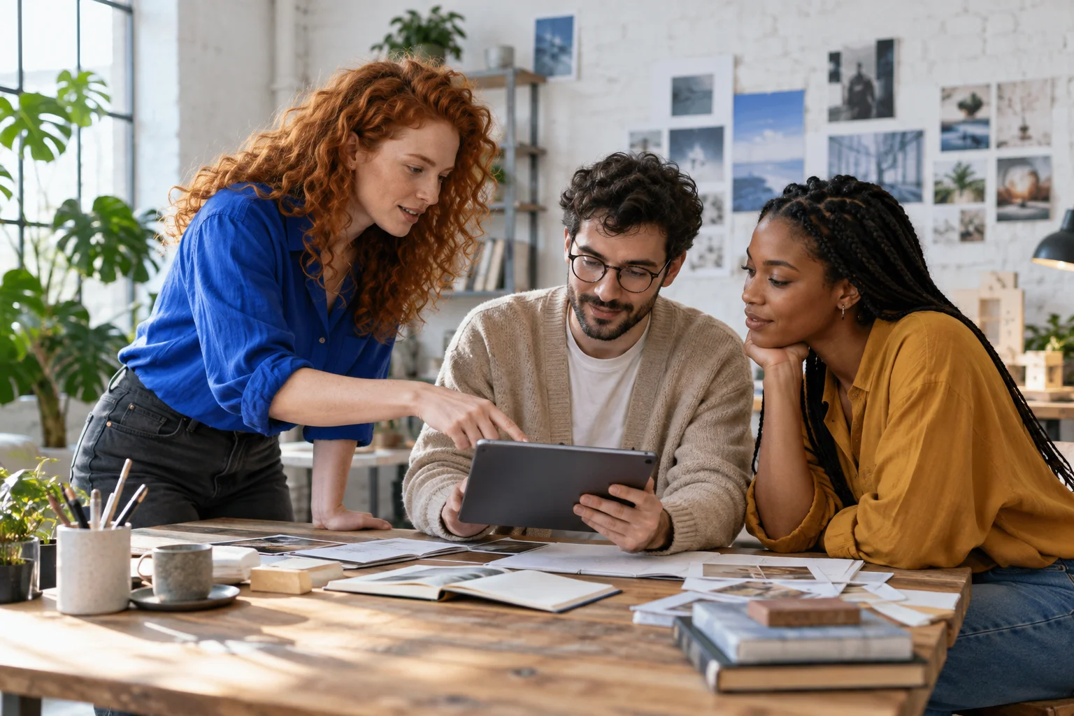 Three designers reviewing a tablet together in a white studio
